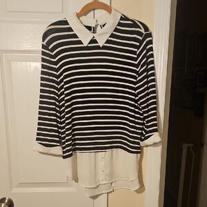 ELLE Striped Black and White Layered Collared Women's Top